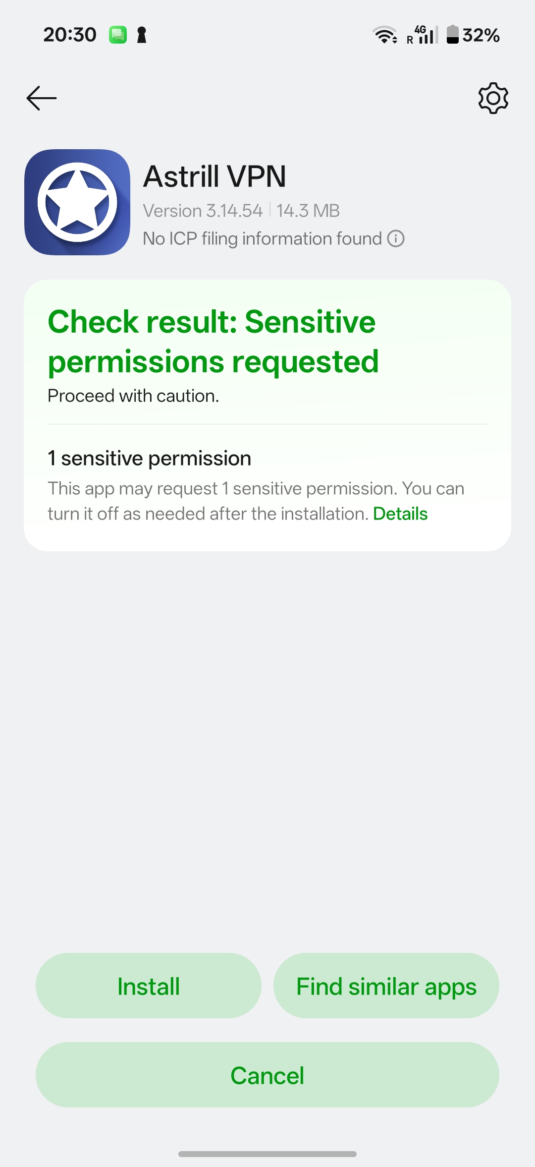 Astrill VPN install screen with sensitive permission notice and Install button