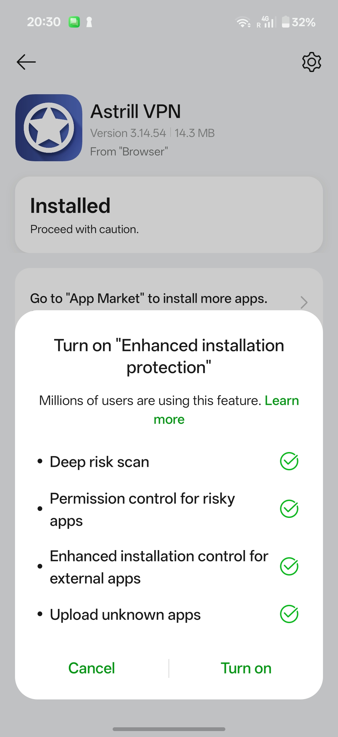Optional Enhanced installation protection popup with Cancel and Turn on buttons