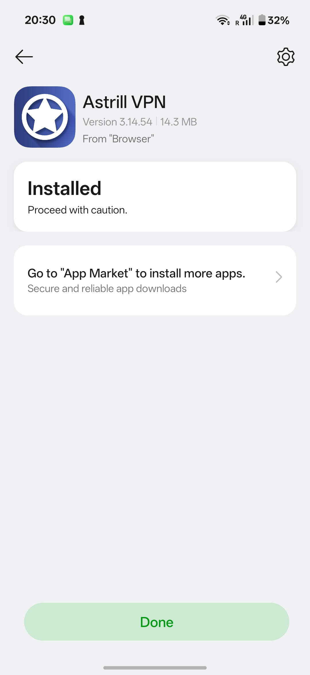 Astrill VPN installed confirmation screen with Done button
