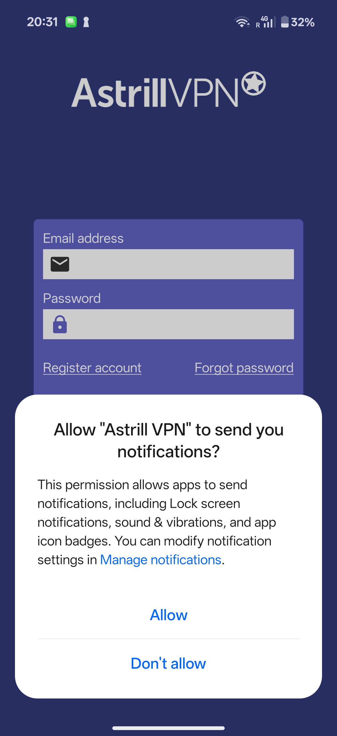 Astrill login screen with optional notification permission popup