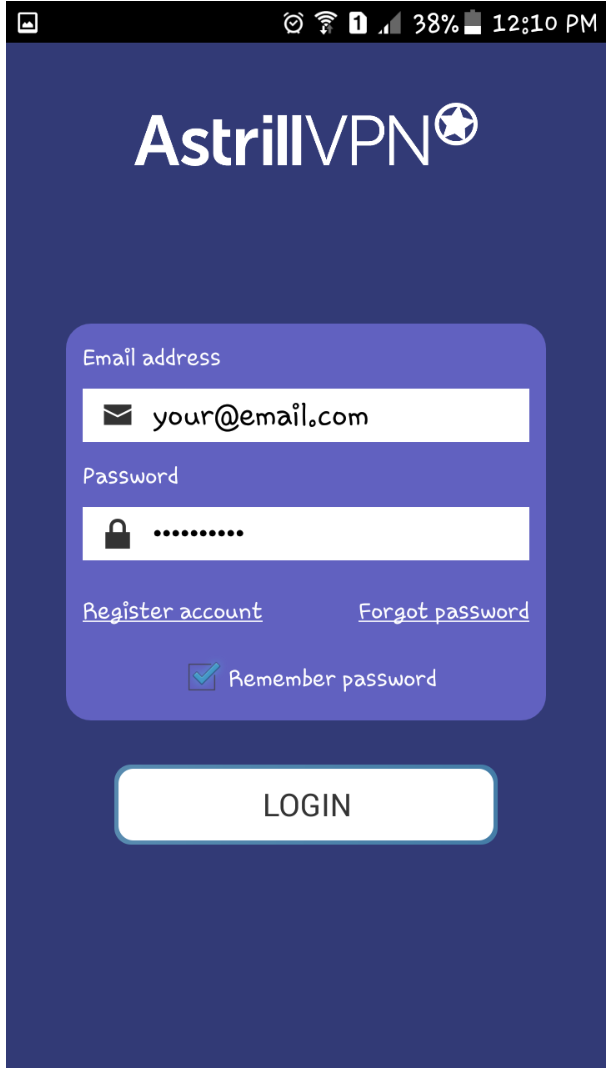 Astrill Android login screen with email and password fields