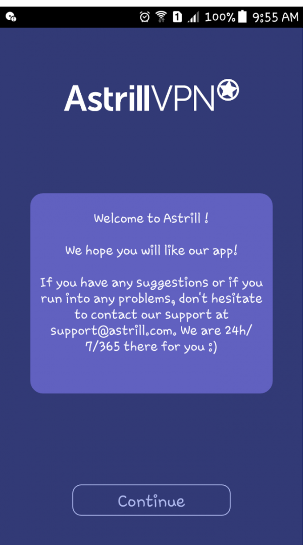 Welcome to Astrill screen with Continue button