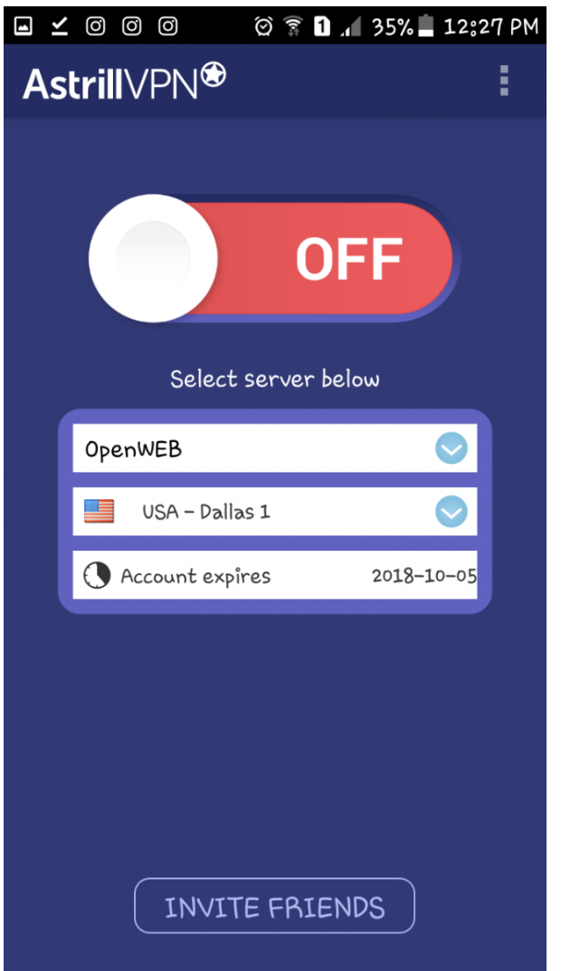 Astrill app with server selection dropdown collapsed
