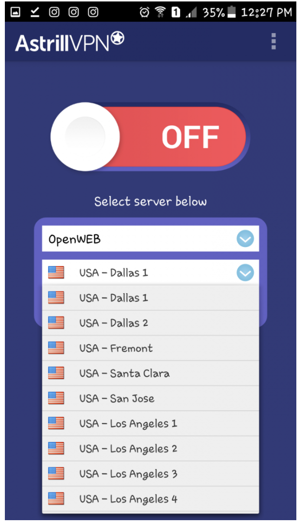 Astrill app with server list expanded showing USA locations