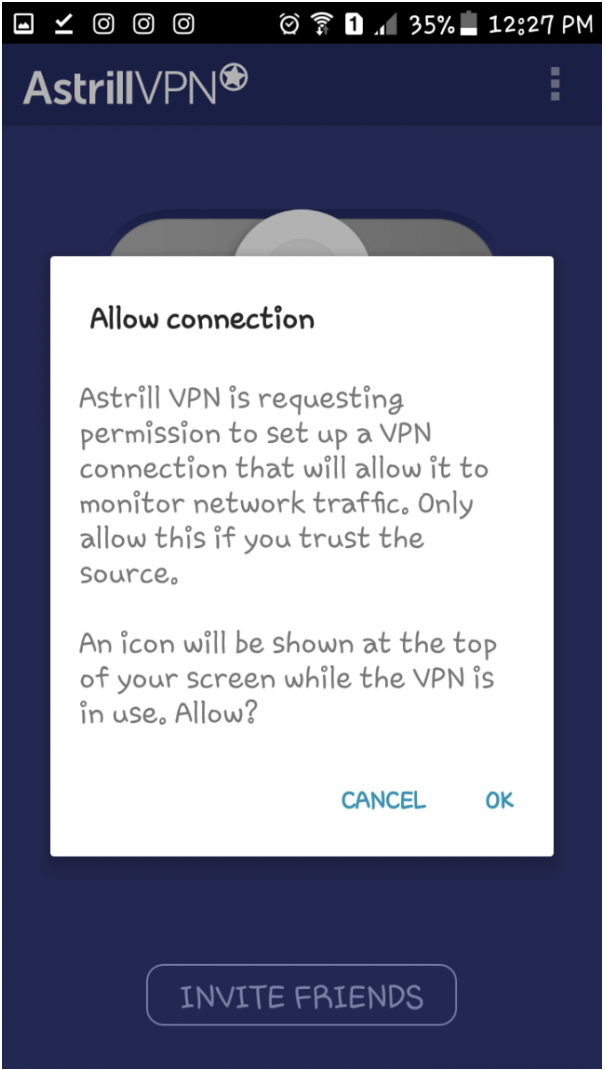 Android system dialog asking to allow Astrill to set up a VPN connection