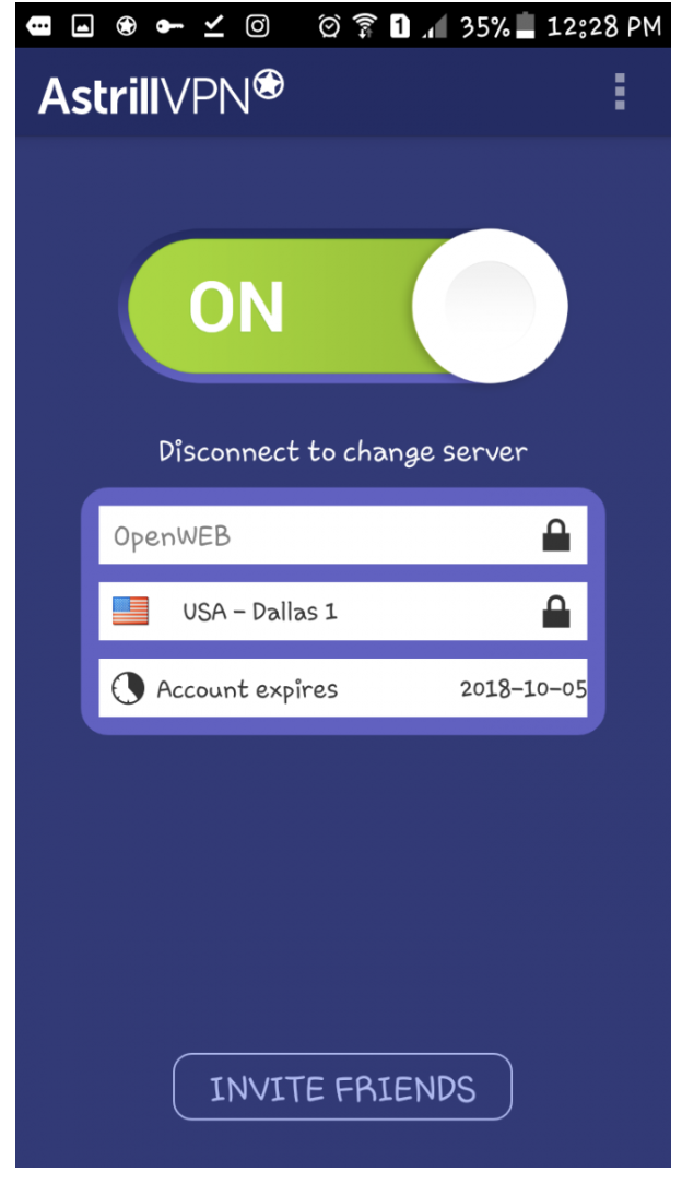 Astrill app showing ON state after connecting to a server