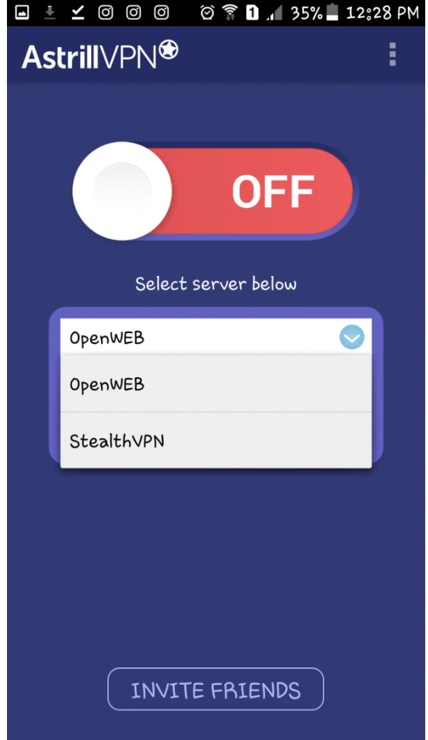 Astrill app protocol dropdown showing OpenWEB and StealthVPN options