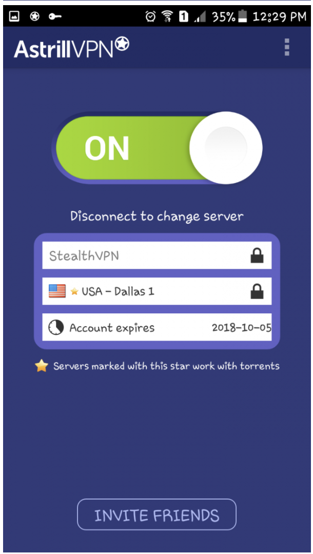 Astrill app connected via StealthVPN showing ON state