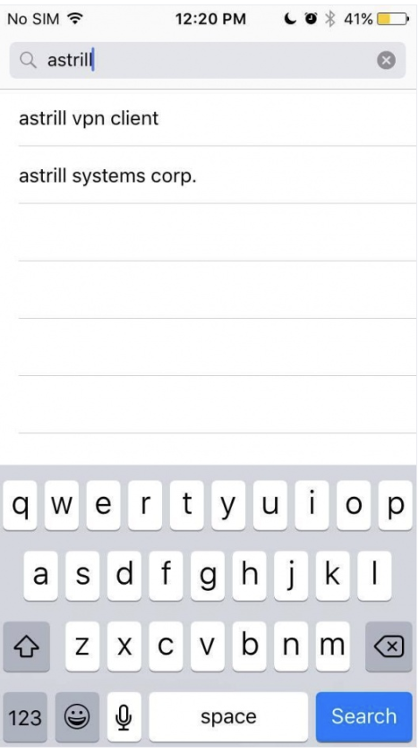 App Store search for astrill with suggestions