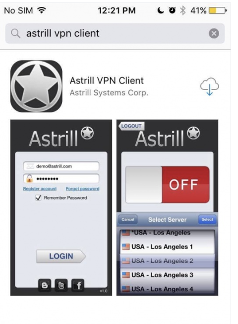 App Store search result for Astrill VPN Client with cloud download icon