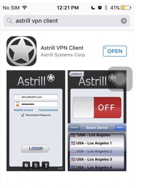 App Store search result for Astrill VPN Client with OPEN button