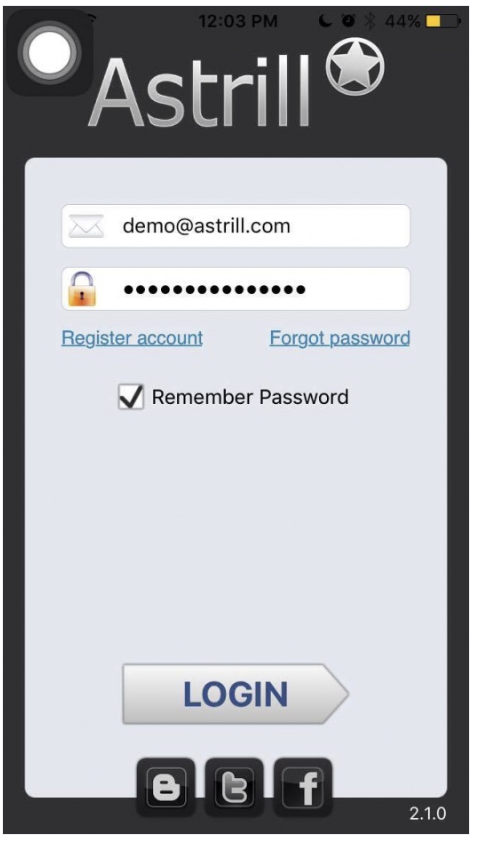 Astrill iOS login screen with email and password fields