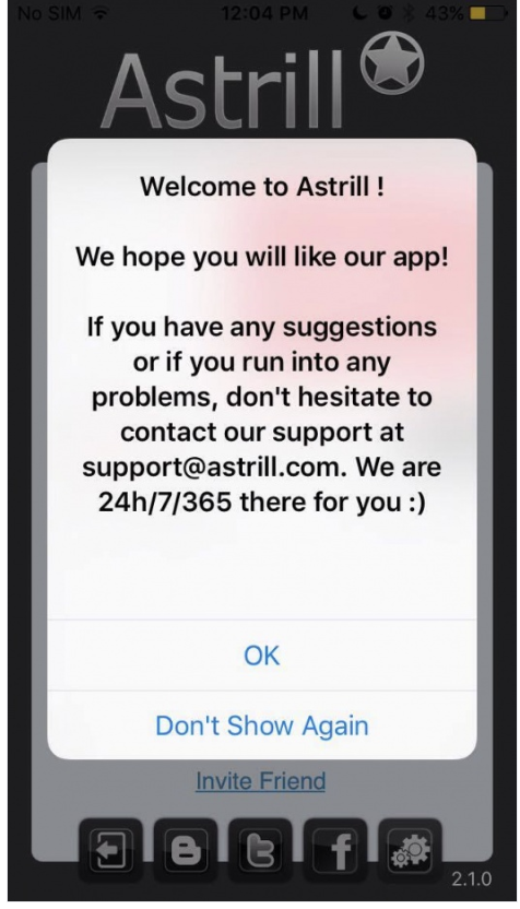 Welcome to Astrill popup with OK and Don't Show Again buttons