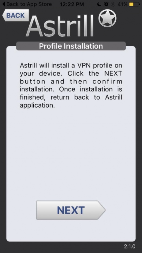 Astrill Profile Installation screen with NEXT button