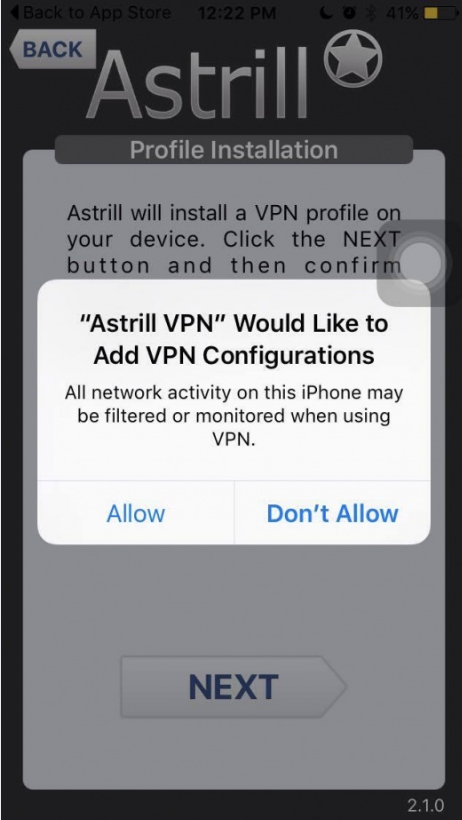 iOS prompt asking to allow Astrill VPN to add VPN configurations