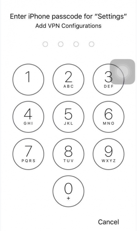 iOS passcode entry screen to confirm adding VPN configurations