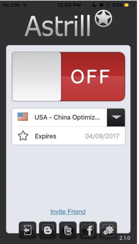 Astrill app OFF screen with server dropdown
