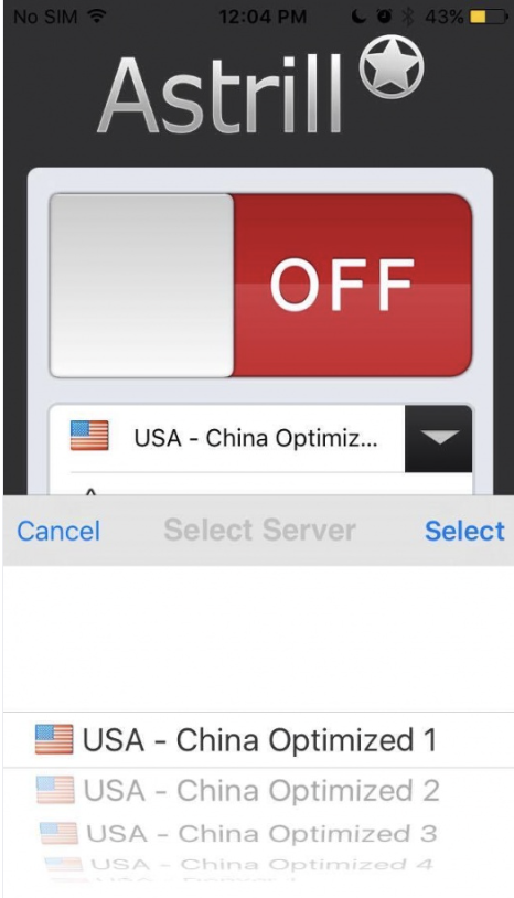 Astrill app server list expanded showing available locations