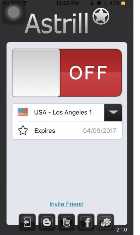 Astrill app OFF screen with server selected, ready to connect