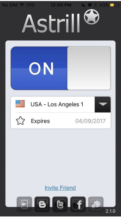 Astrill app connected with ON state and VPN icon in status bar