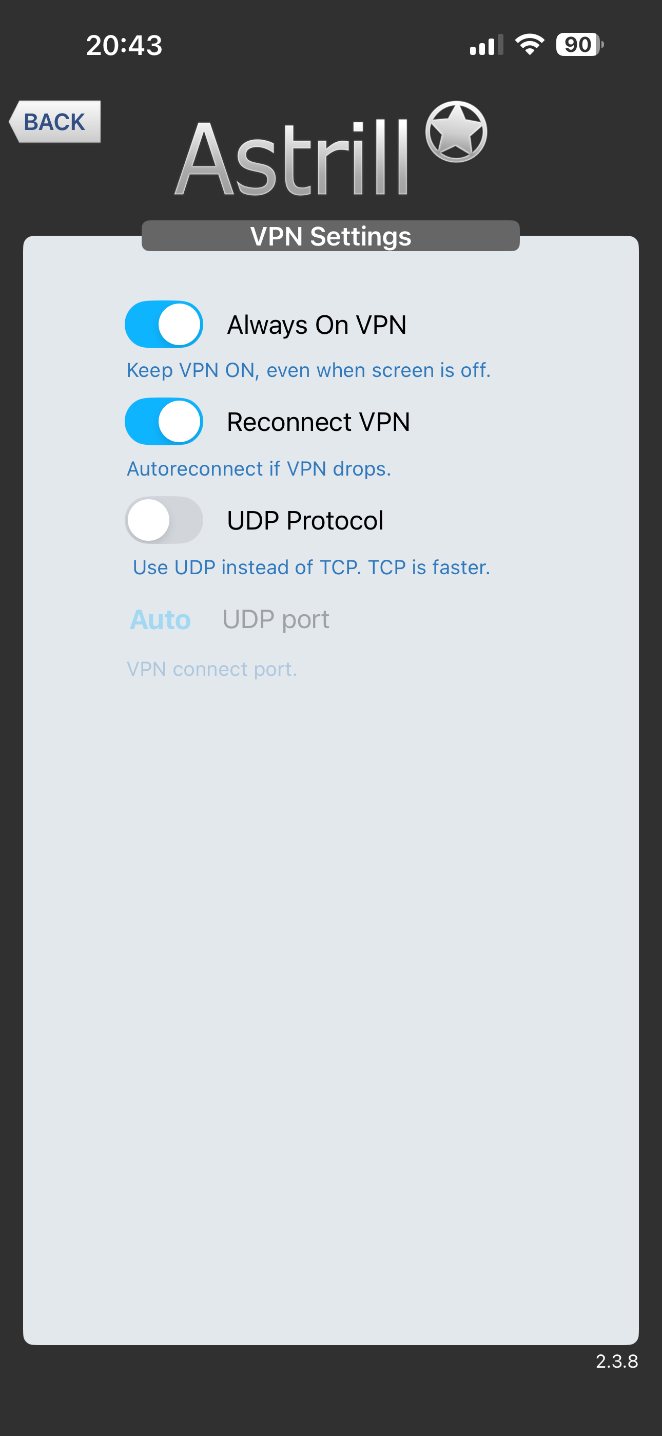 Astrill app VPN Settings screen showing Always On VPN and Reconnect VPN toggles