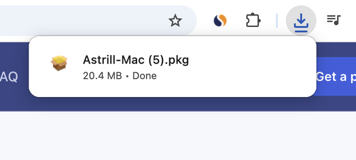 Browser download notification showing Astrill-Mac.pkg downloaded
