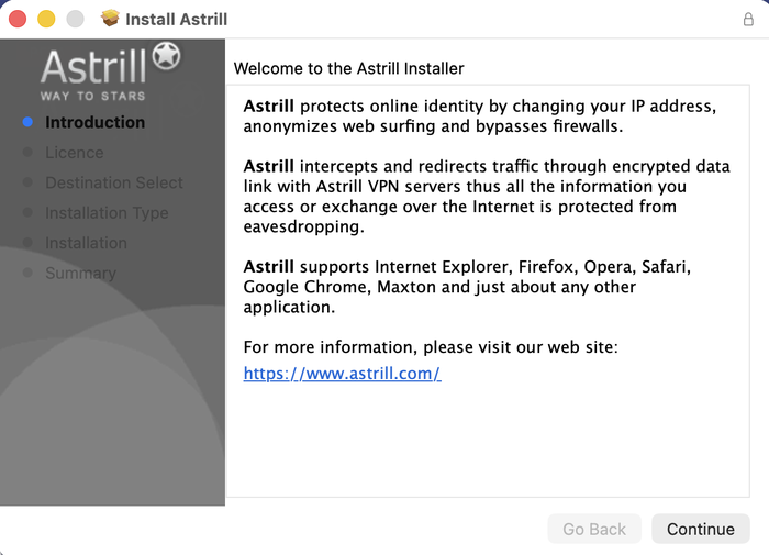 Astrill Mac installer welcome screen