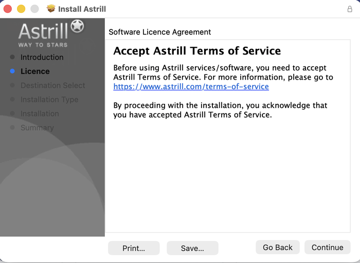 Astrill Mac installer software license agreement screen