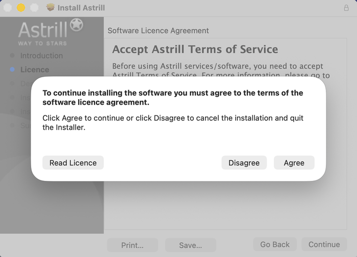 Agree or disagree popup for the software license agreement
