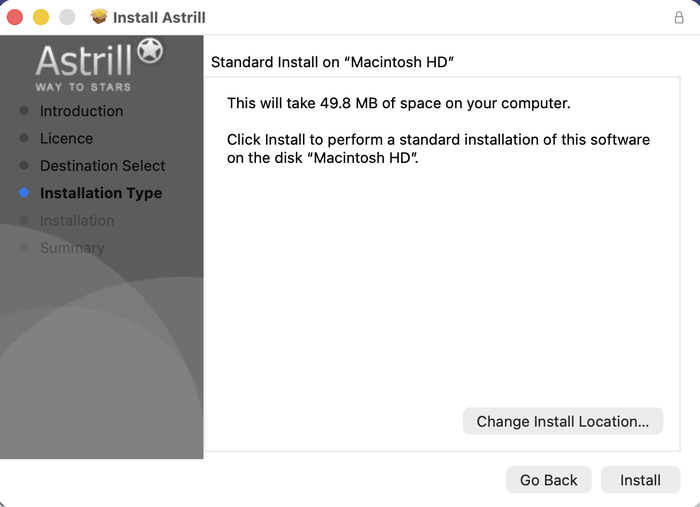 Astrill Mac installer standard install screen