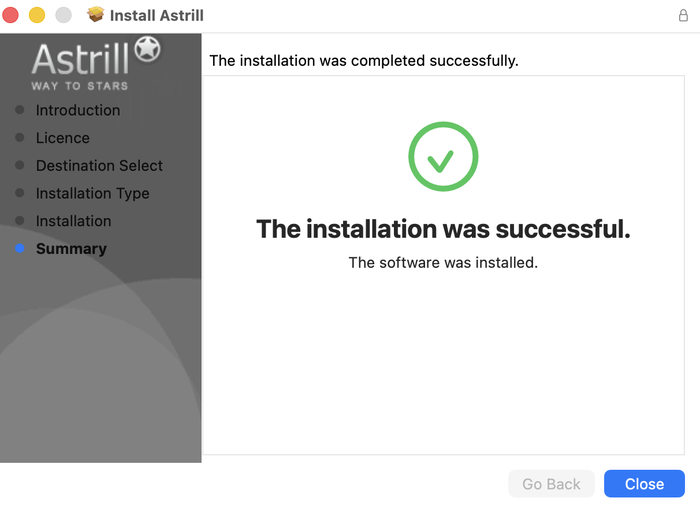 Astrill Mac installer showing installation completed successfully