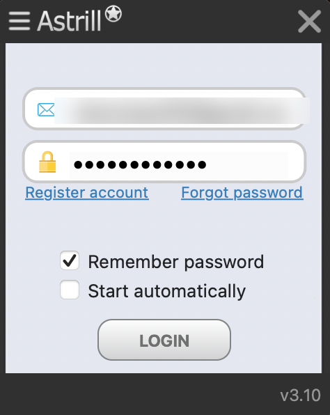 Astrill Mac app login screen with email and password fields, email blurred for privacy