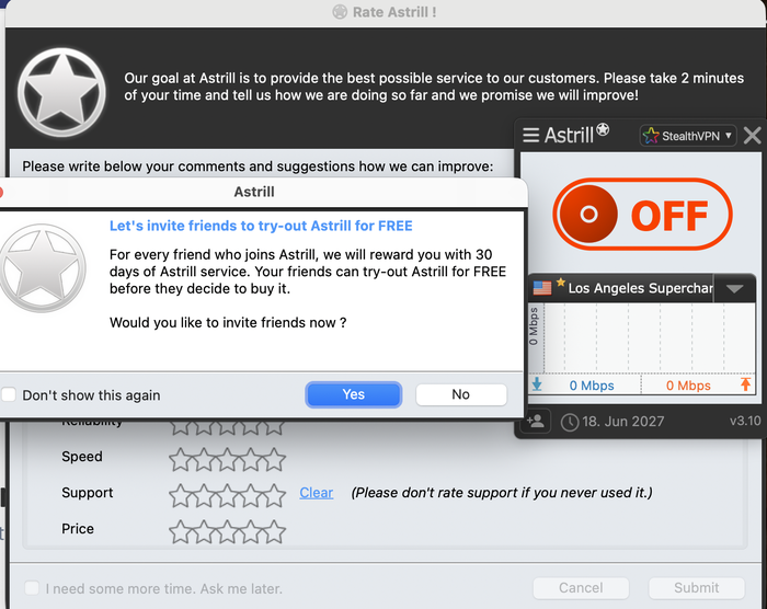 Optional rate Astrill and invite friends popups, can be closed