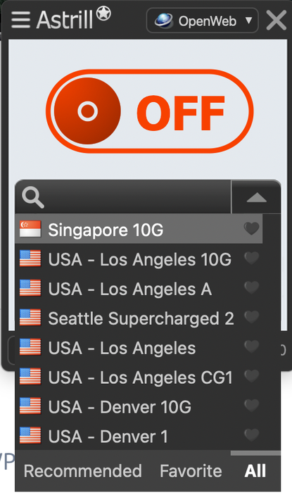Astrill server list showing available locations to choose from