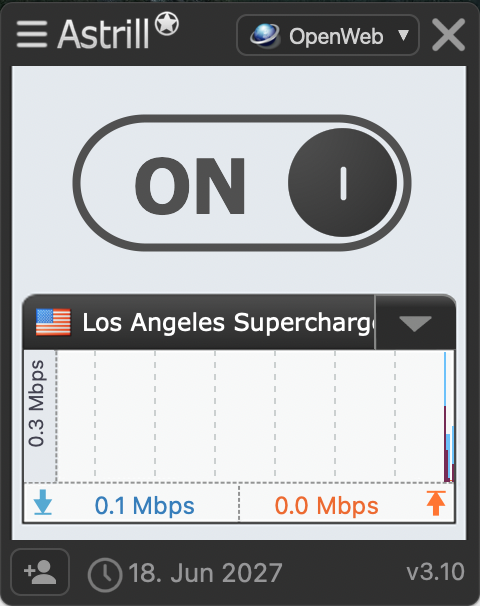 Astrill app showing ON state after connecting to a server