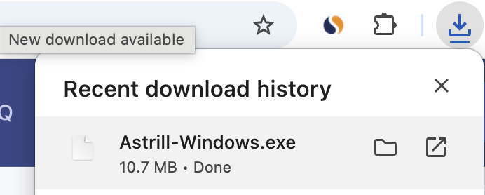 Browser download notification showing Astrill-Windows.exe downloaded