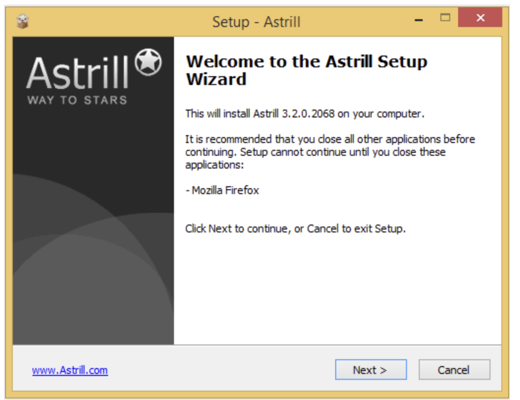 Astrill Windows installer welcome screen