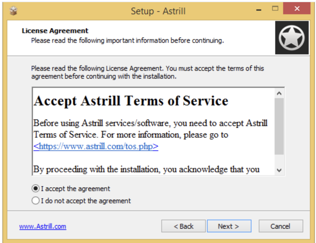 Astrill Windows installer license agreement screen