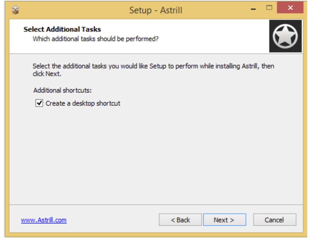 Astrill Windows installer select additional tasks screen