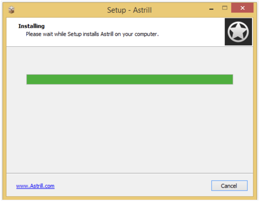 Astrill Windows installer showing installation progress bar