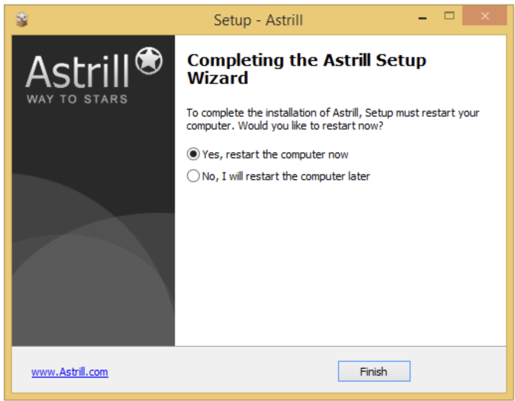 Astrill Windows installer completing setup wizard with restart prompt