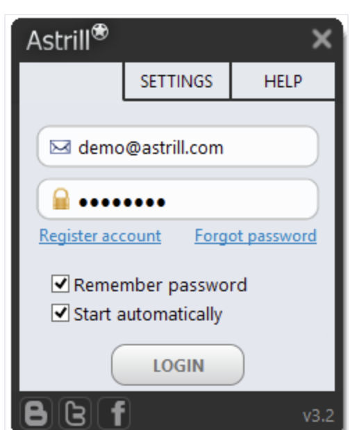 Astrill Windows app login screen with email and password fields