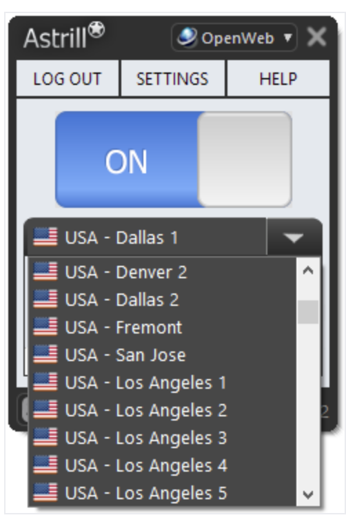 Astrill Windows app showing server list with USA locations