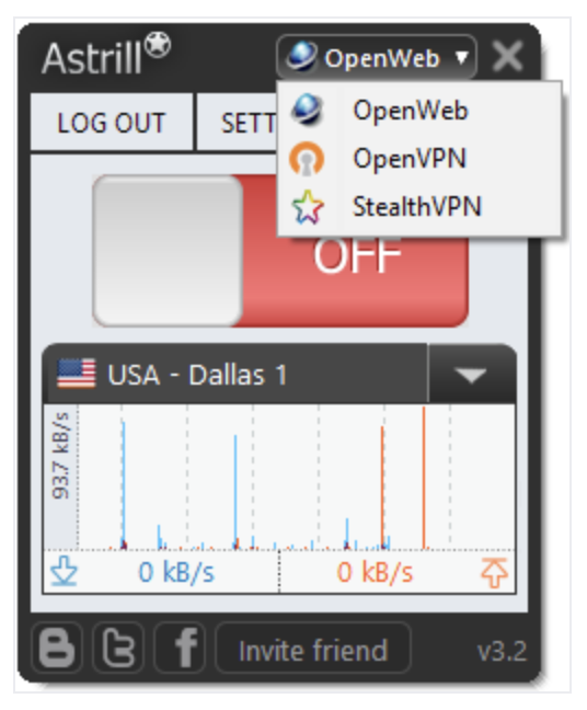 Astrill Windows app mode dropdown showing OpenWeb, OpenVPN, and StealthVPN options